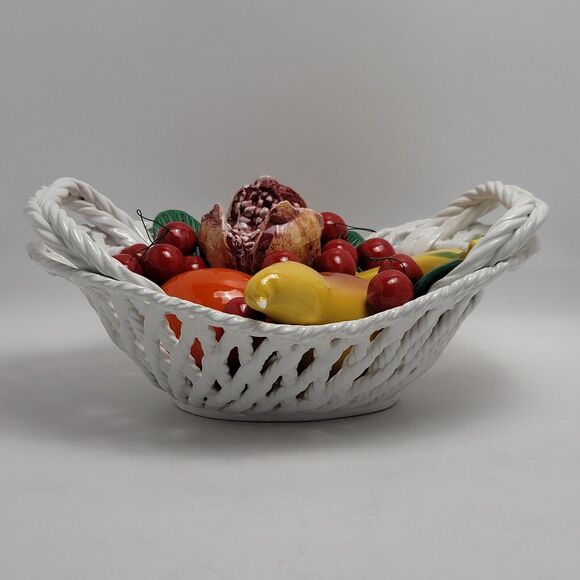 Capodimonte Ceramic Woven Basket Fruit Bowl Centerpiece Hand Painted Italy - Picture 2 of 15